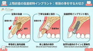 前歯の唇側の骨は薄く、抜歯の際に割れてしまうと、インプラントを入れる際に不利になります
